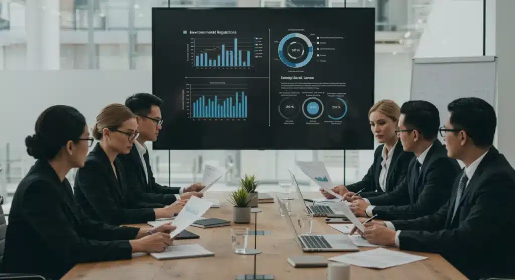 Business leaders analyzing EPA air quality regulations and compliance strategies