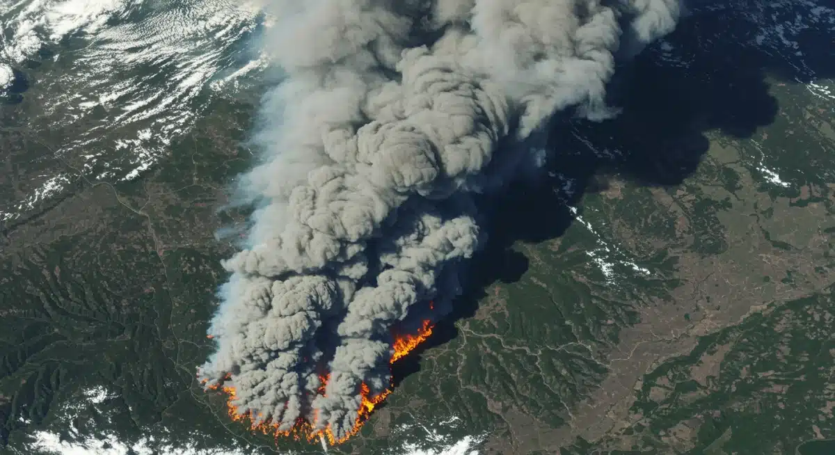 California wildfire seen from space, illustrating climate change impacts and policy urgency.