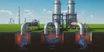 Industrial carbon capture facility illustration with pipes and underground storage