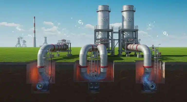 Industrial carbon capture facility illustration with pipes and underground storage