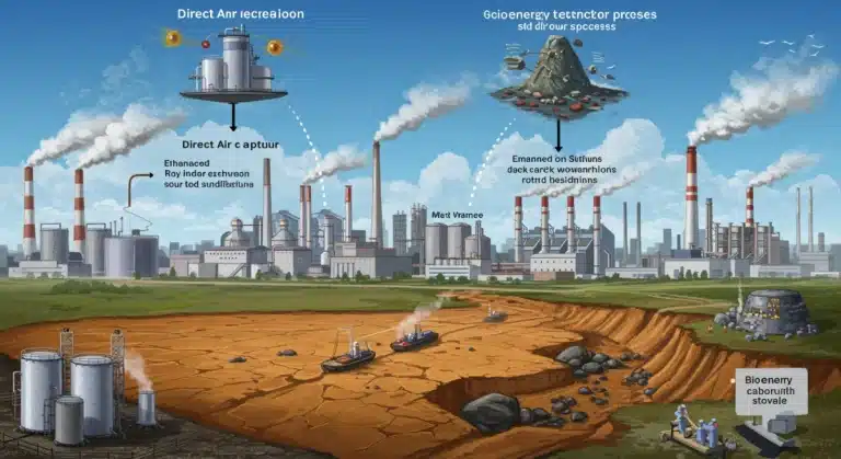 Diverse carbon sequestration technologies operating in a U.S. industrial setting, showcasing a commitment to environmental sustainability.