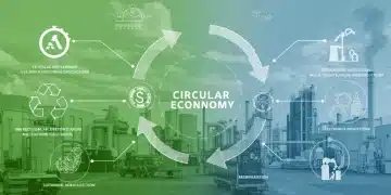 Illustration of circular economy principles applied to modern U.S. manufacturing, showing material flow and waste reduction.