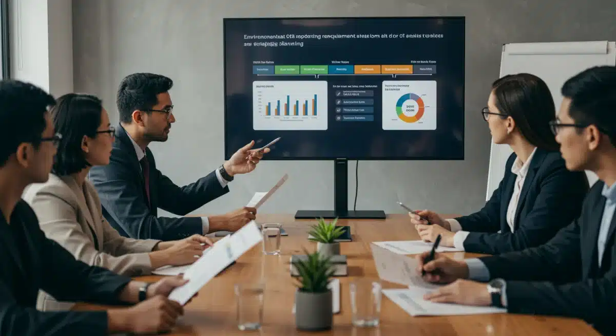 Business team reviewing climate disclosure reporting strategy