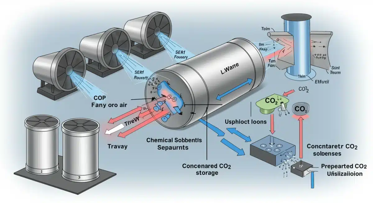Diagram of direct air capture technology capturing CO2 from the atmosphere.