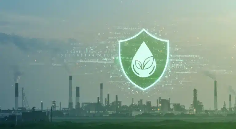 Stylized shield with environmental symbols over a clean industrial background, representing EPA enforcement priorities for 2026.