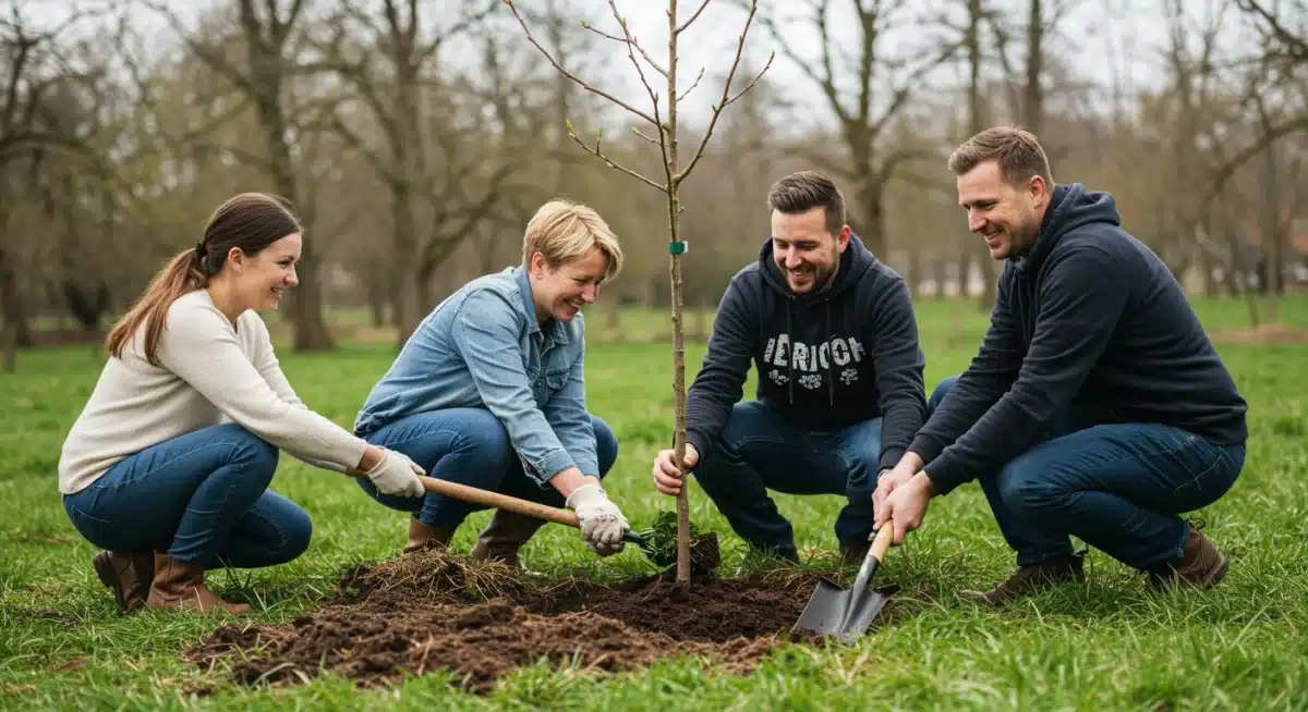 Family planting a tree for carbon sequestration