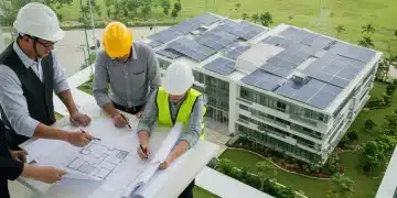 Architects and engineers collaborating on green building blueprints