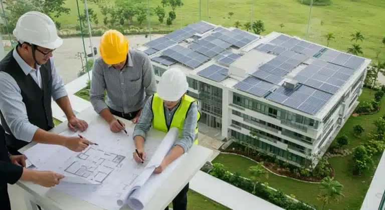 Architects and engineers collaborating on green building blueprints