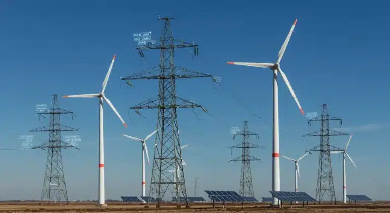Modern power grid integrating wind turbines and solar panels, symbolizing renewable energy interconnection policies.