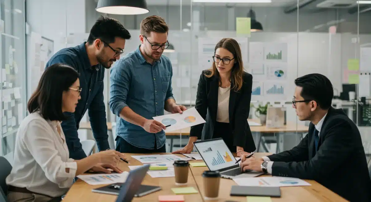 Professionals collaborating on green technology and sustainable business strategies