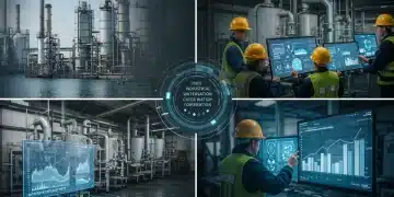 Engineers review data for industrial water conservation in a modern facility