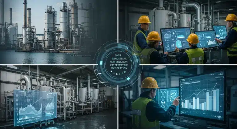 Engineers review data for industrial water conservation in a modern facility