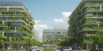 Modern green building with solar panels and vertical gardens, showcasing sustainable architecture