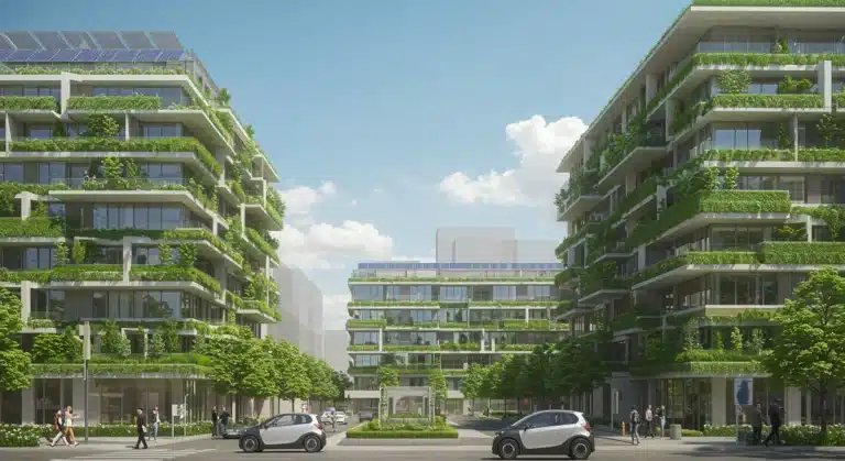 Modern green building with solar panels and vertical gardens, showcasing sustainable architecture