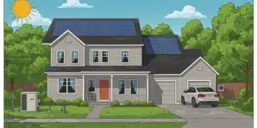 Modern home with solar panels, geothermal heat pump, and EV charger, symbolizing renewable energy tax credits.