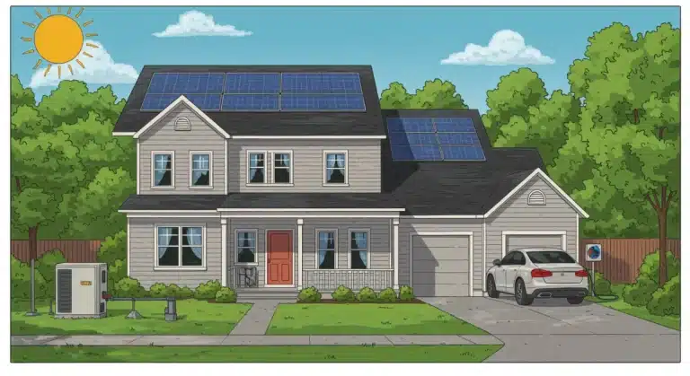 Modern home with solar panels, geothermal heat pump, and EV charger, symbolizing renewable energy tax credits.
