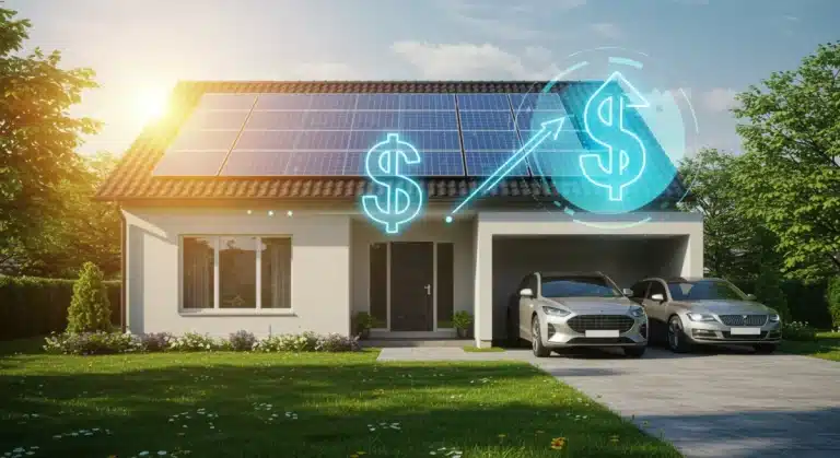 Modern home with solar panels and electric car, symbolizing green energy tax credit savings