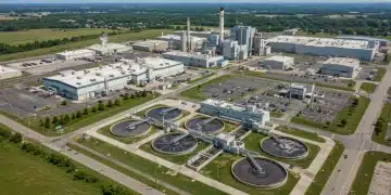 Modern manufacturing plant with advanced water treatment facility, symbolizing Clean Water Act compliance.
