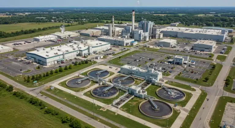 Modern manufacturing plant with advanced water treatment facility, symbolizing Clean Water Act compliance.