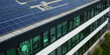 Modern office building with solar panels, smart energy display, and green technology integration