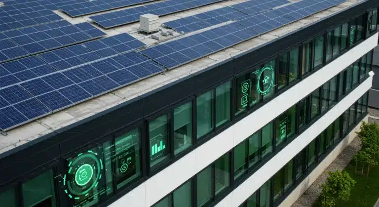 Modern office building with solar panels, smart energy display, and green technology integration