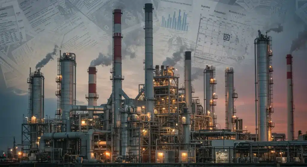 Industrial facility facing new PFAS regulations by 2026, with compliance documents.