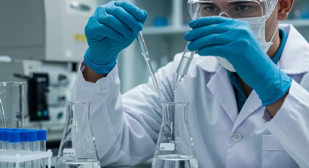 Scientist analyzing water samples for PFAS contamination in a laboratory.