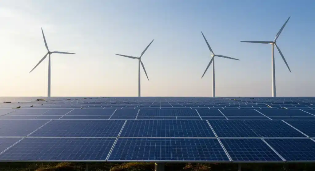 Solar panels and wind turbines symbolizing renewable energy tax credits and federal incentives for 2026.