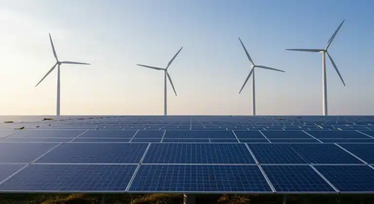 Solar panels and wind turbines symbolizing renewable energy tax credits and federal incentives for 2026.