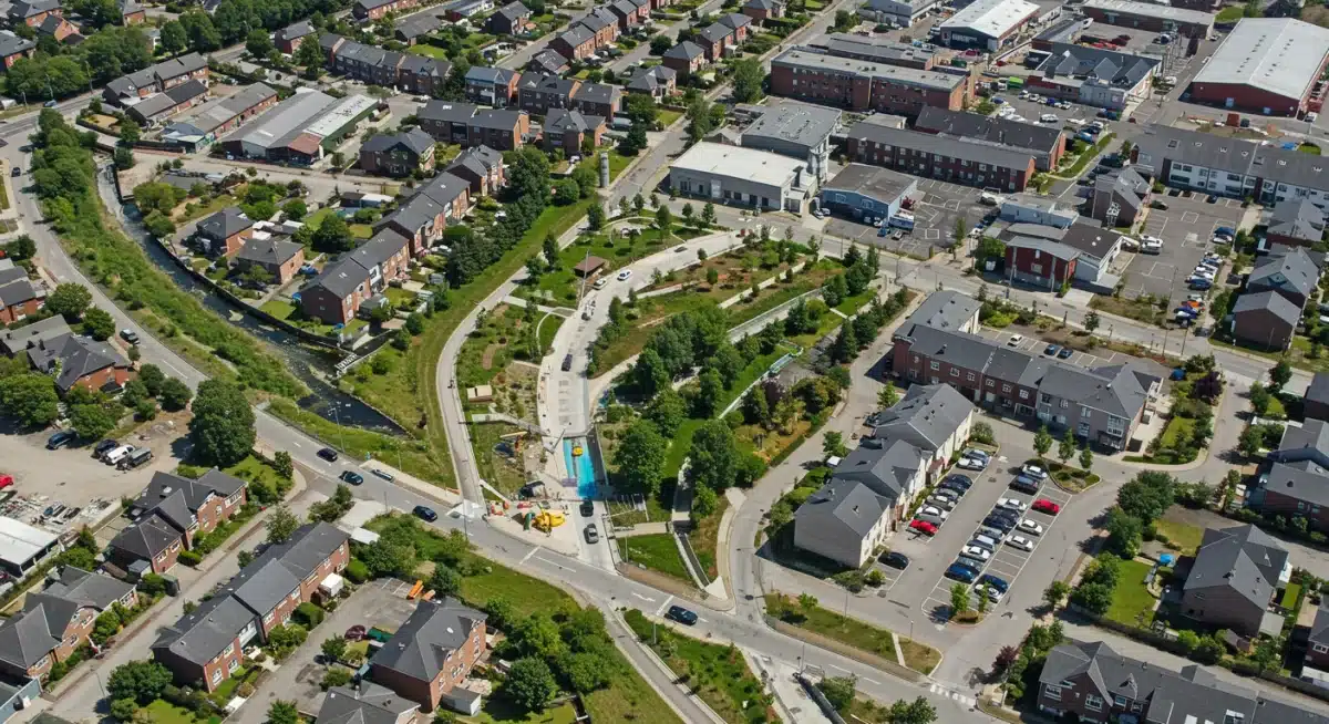 Revitalized urban area with green infrastructure and EV charging stations