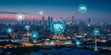 Illustration of a smart grid integrating renewable energy and commercial buildings for enhanced energy efficiency in the US.