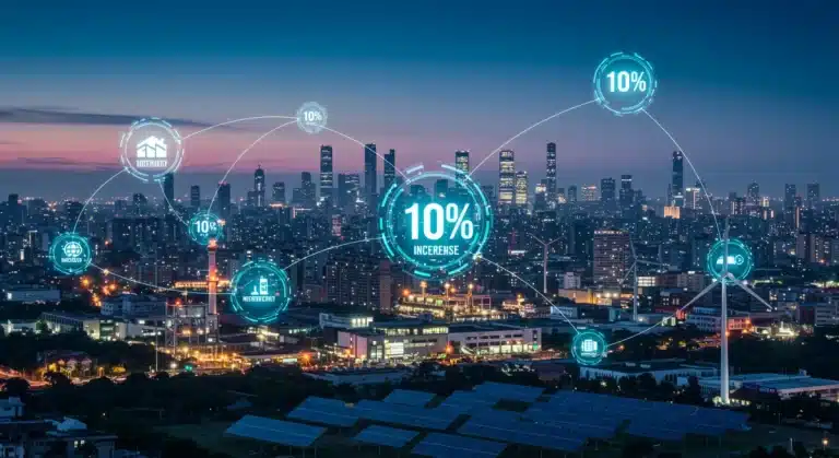 Illustration of a smart grid integrating renewable energy and commercial buildings for enhanced energy efficiency in the US.