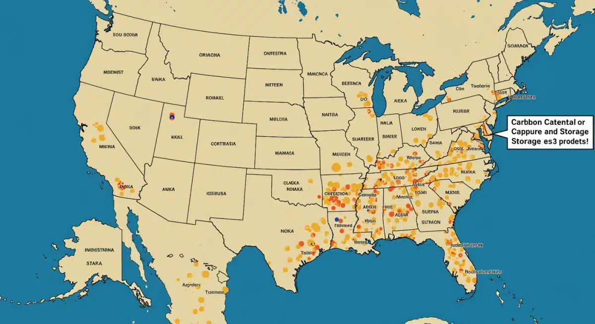 Map of the US indicating key regions for carbon capture and storage development.