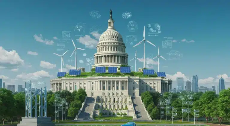 U.S. Capitol with renewable energy and green infrastructure, symbolizing climate investment