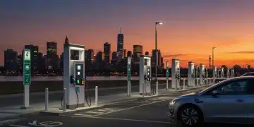 Electric vehicle charging stations in a modern urban setting at dusk, symbolizing federal investment and future infrastructure growth in the US.