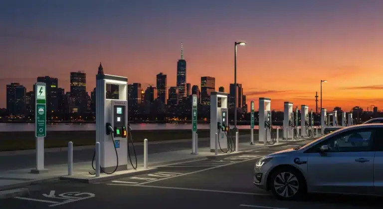 Electric vehicle charging stations in a modern urban setting at dusk, symbolizing federal investment and future infrastructure growth in the US.