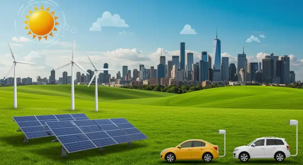 Illustration of US renewable energy projects, solar, wind, electric vehicles, and green cities, benefiting from IRA policies.