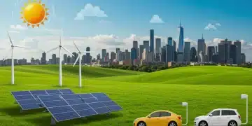 Illustration of US renewable energy projects, solar, wind, electric vehicles, and green cities, benefiting from IRA policies.