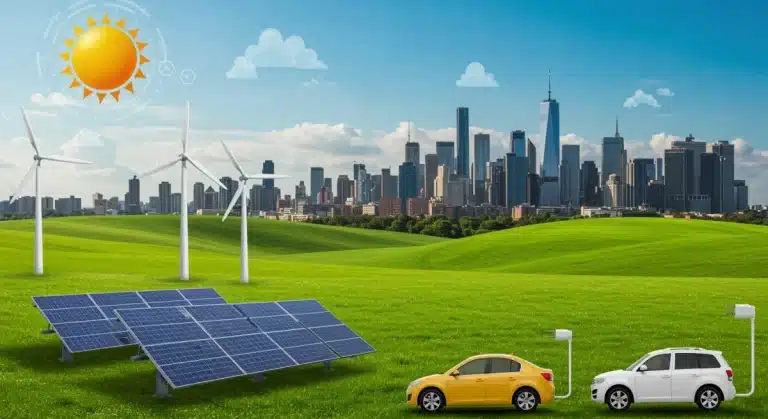 Illustration of US renewable energy projects, solar, wind, electric vehicles, and green cities, benefiting from IRA policies.