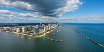 Coastal city skyline partially submerged by rising sea levels, 2026 outlook