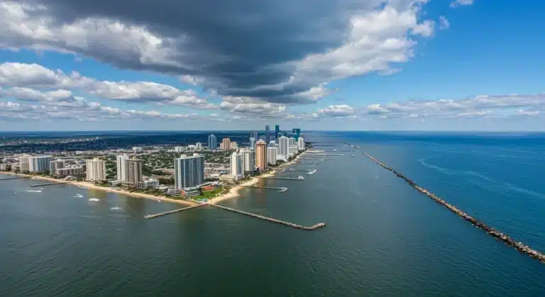 Coastal city skyline partially submerged by rising sea levels, 2026 outlook
