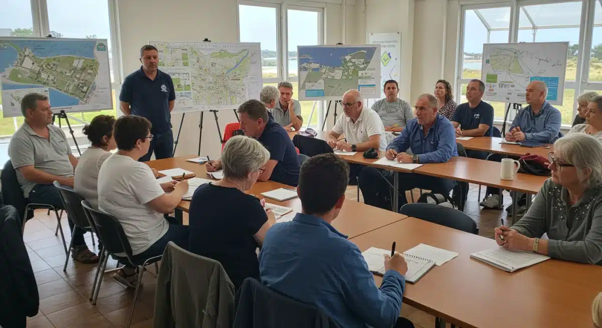 Coastal community meeting discussing climate adaptation strategies