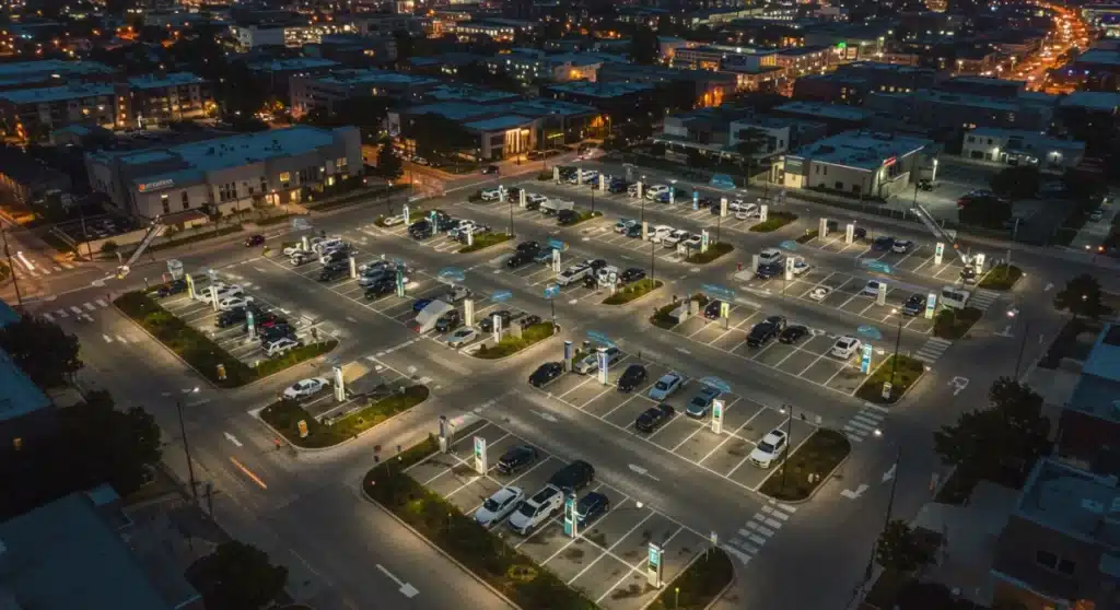 Modern city with integrated EV charging stations at dusk, symbolizing federal EV infrastructure funding.