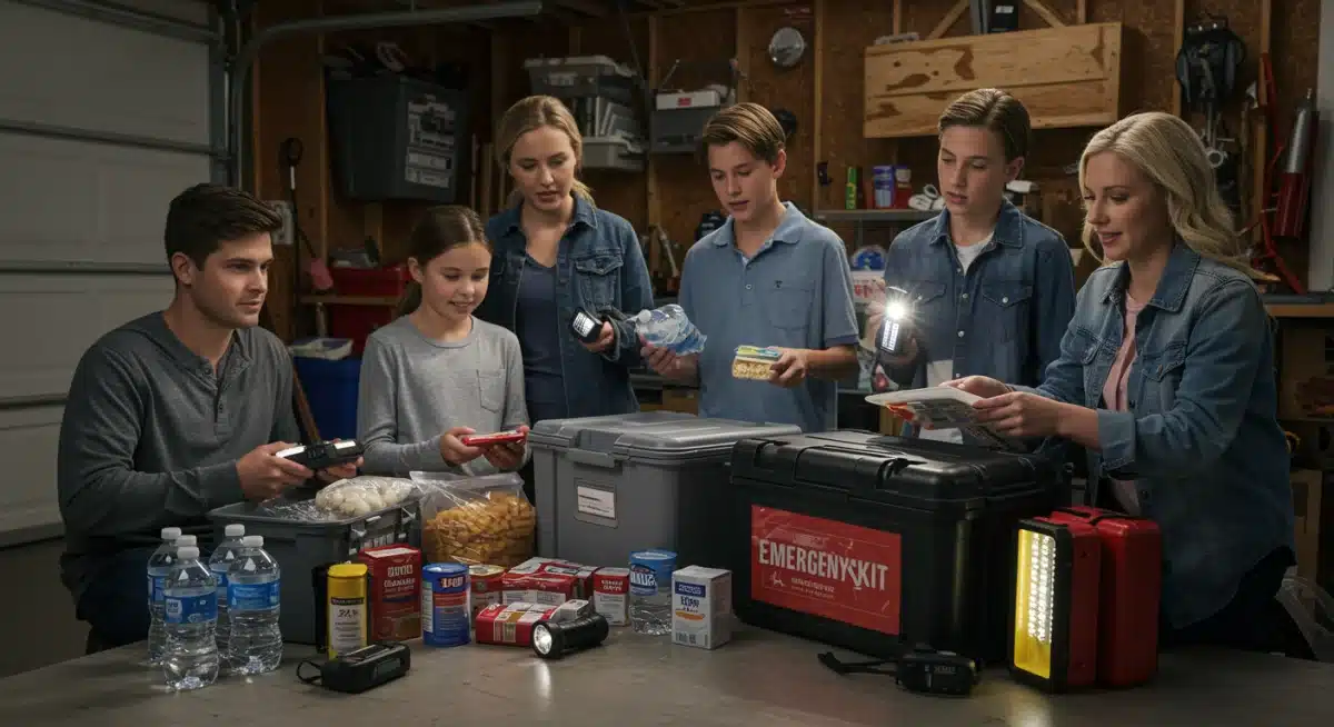 Family checking emergency preparedness kit in garage for extreme weather.