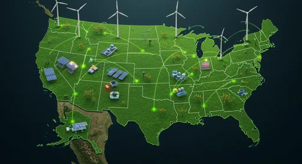 The Green Grid: 5 U.S. States Leading the 2026 Transition to 70% Renewable Energy with solar panels and wind turbines
