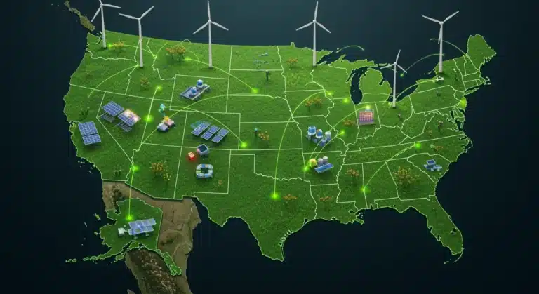 The Green Grid: 5 U.S. States Leading the 2026 Transition to 70% Renewable Energy with solar panels and wind turbines