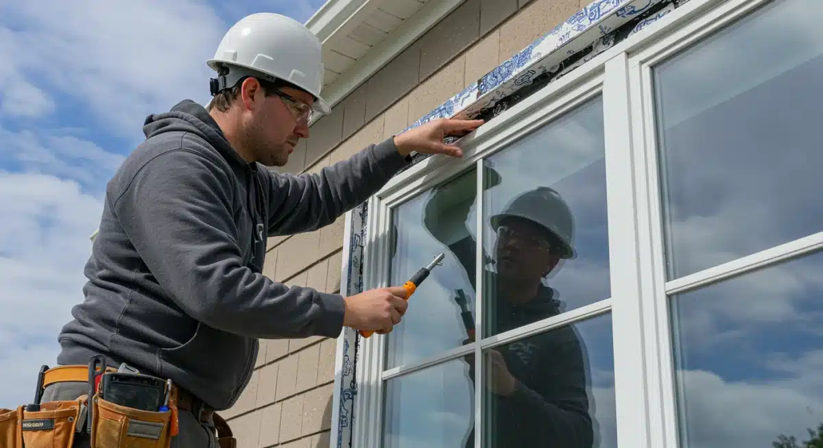 Contractor installing impact-resistant windows for home protection against extreme weather.