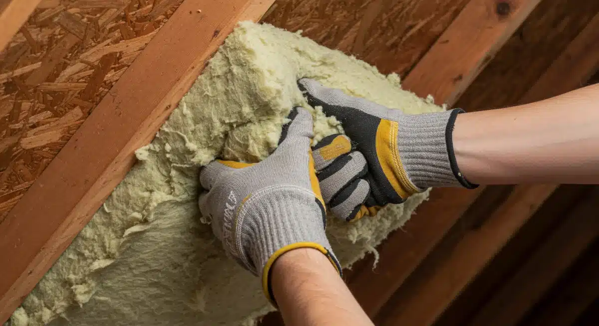 Hand installing insulation for improved home energy efficiency