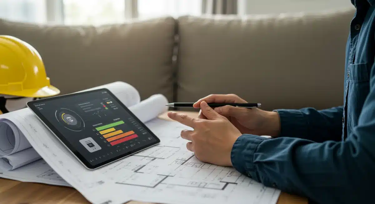 Homeowner planning energy-efficient upgrades with blueprints and tablet