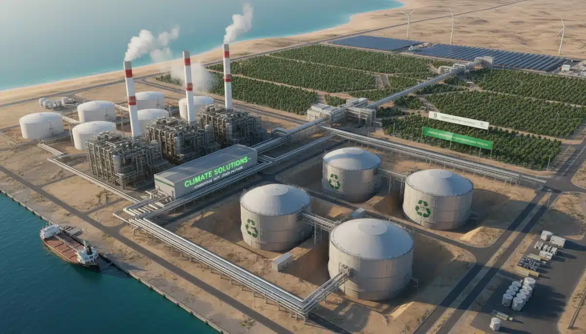 Aerial view of a carbon capture facility, demonstrating climate mitigation efforts.